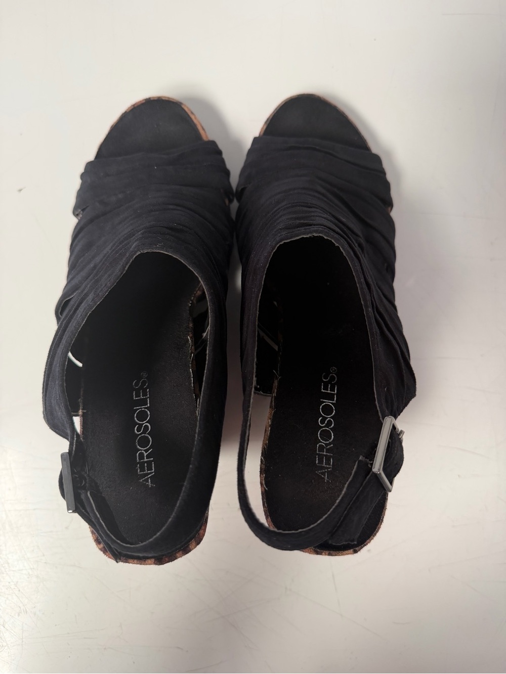 Aerosoles Black Ruched Fabric Wedge Sandals w/ Leopard Trim – Size 9 - Picture 8 of 13